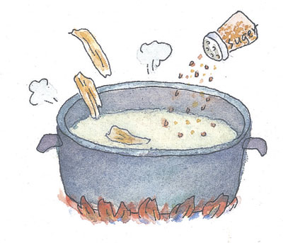 步驟二：將豆漿煮沸，加入洋菜條拌煮至溶化，最後再加上白砂糖 (圖：許佩樺)