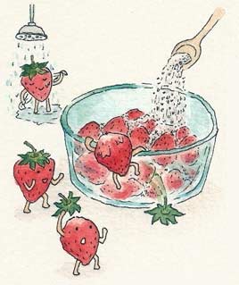 步驟一：將草莓洗淨、去蒂頭、放入鍋中後，加入砂糖稍微拌勻。 (圖：許佩樺)