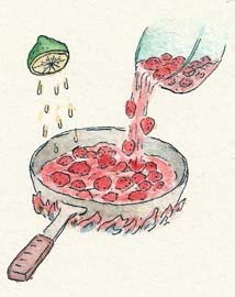 步驟三：將草莓與汁液倒入把柄鍋內，加入檸檬汁。 (圖：許佩樺)