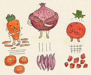胡蘿蔔、洋蔥、番茄洗淨後，分別切好備用。(圖：許佩樺)