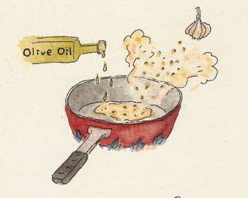 熱鍋放入橄欖油、蒜末，用小火炒香。(圖：許佩樺)