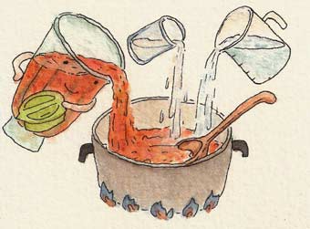將胡蘿蔔糊倒回鍋中，加入另一半的水和牛奶，以中火煮勻。(圖：許佩樺)